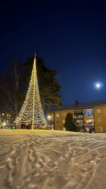 En kvällsbild av Brf Skogsbackens innergård visar den vackert upplysta flaggstången som strålar i det mörka vinterlandskapet. Ljusen längs flaggstången skapar en festlig atmosfär och kastar sitt varma sken över området. Ett subtilt snötäcke på marken reflekterar det mjuka ljuset och förstärker känslan av en fridfull och gemensam julstämning. En stjärnklar himmel bildar bakgrund och kompletterar den magiska belysningen, vilket ger betraktaren en känsla av lugn och glädje under julhelgen.
